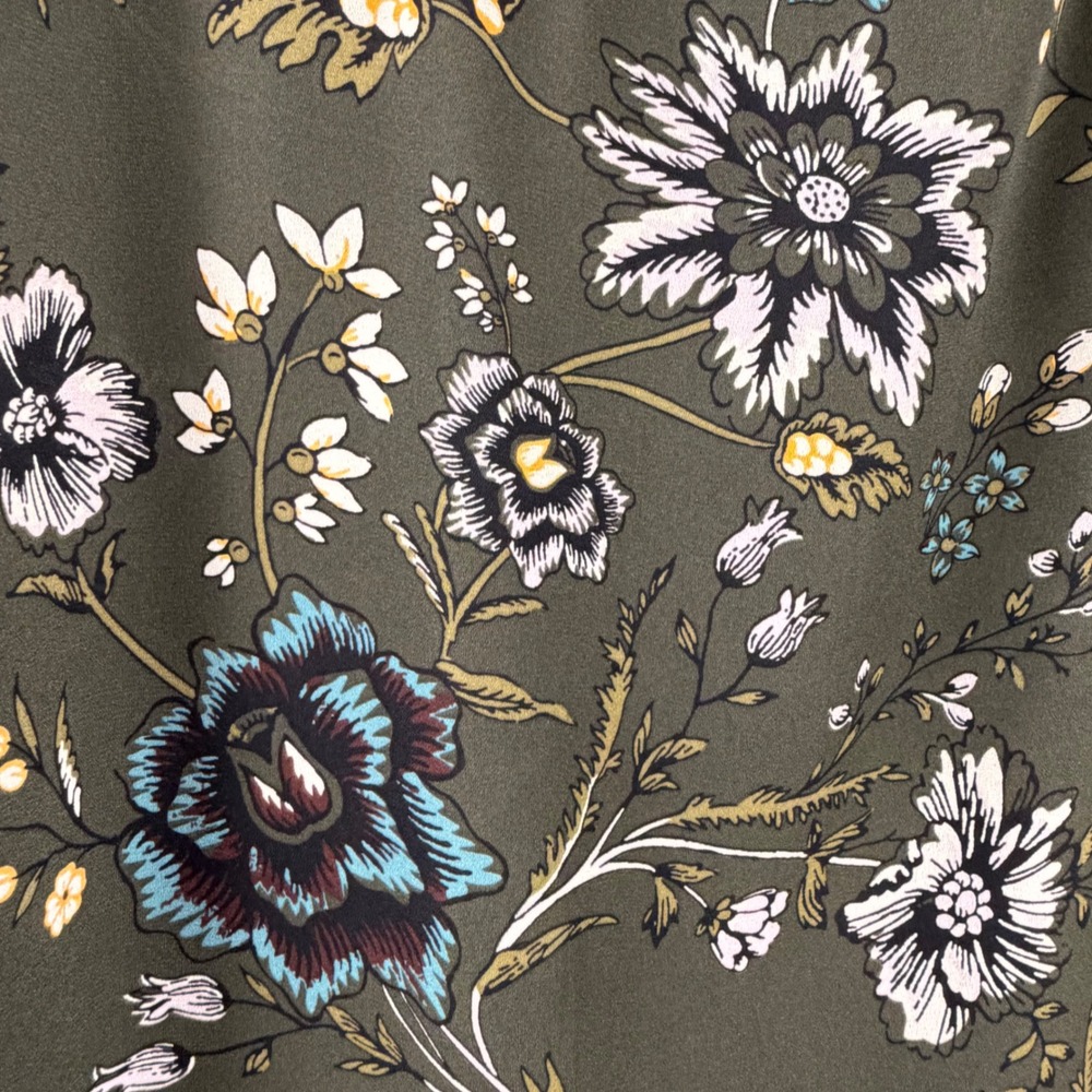 Loft Blouse Women XXL Olive Green Floral Short Sleeve Pocket Keyhole Back - Picture 5 of 11